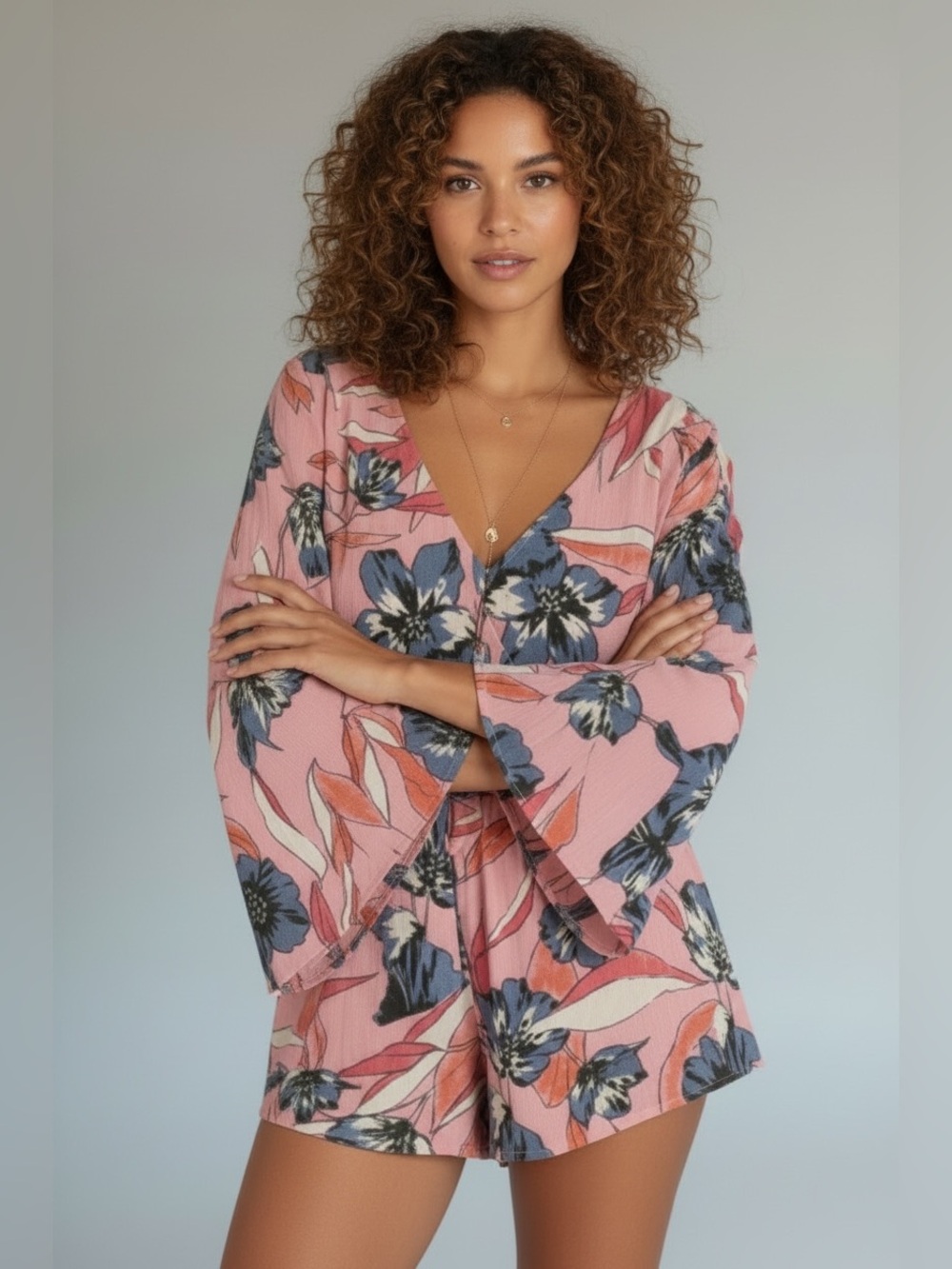 Billabong Pink Floral romper with Navy Accents